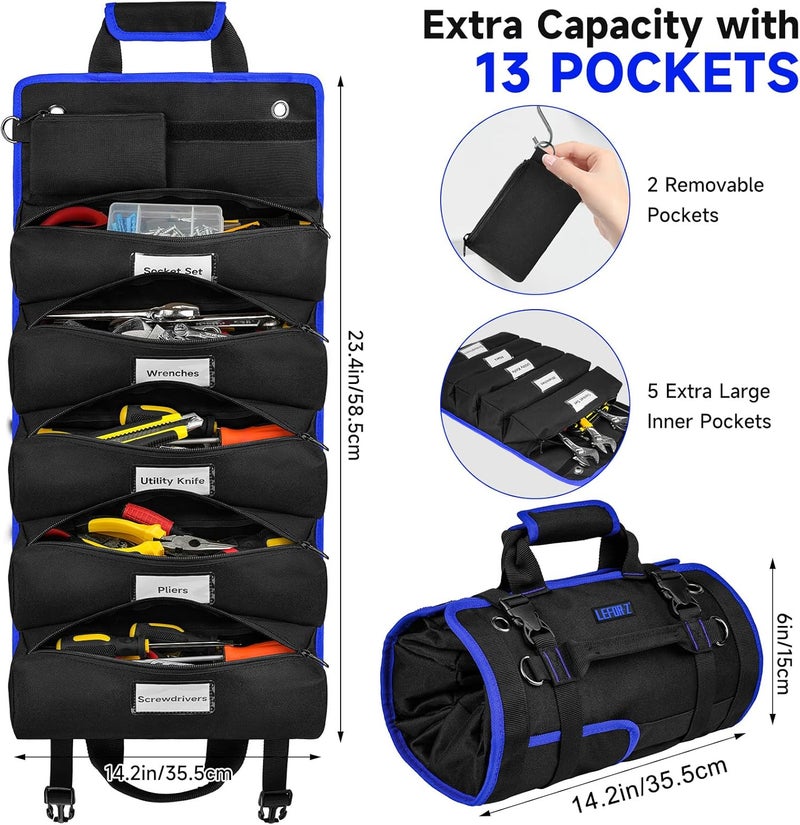 LEFORZ Tool Bag,Large Roll Up Tool Bag Organizer,13 Pockets Tool Roll Storage Pouch,Heavy Duty Portable Tool Storage Carrier Bag for Men,Mechanic,Electrician & Hobbyist,Black/Blue - Image 3